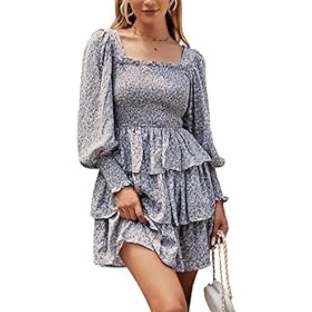 Blue-Gray Multicolor Floral Tiered Dress